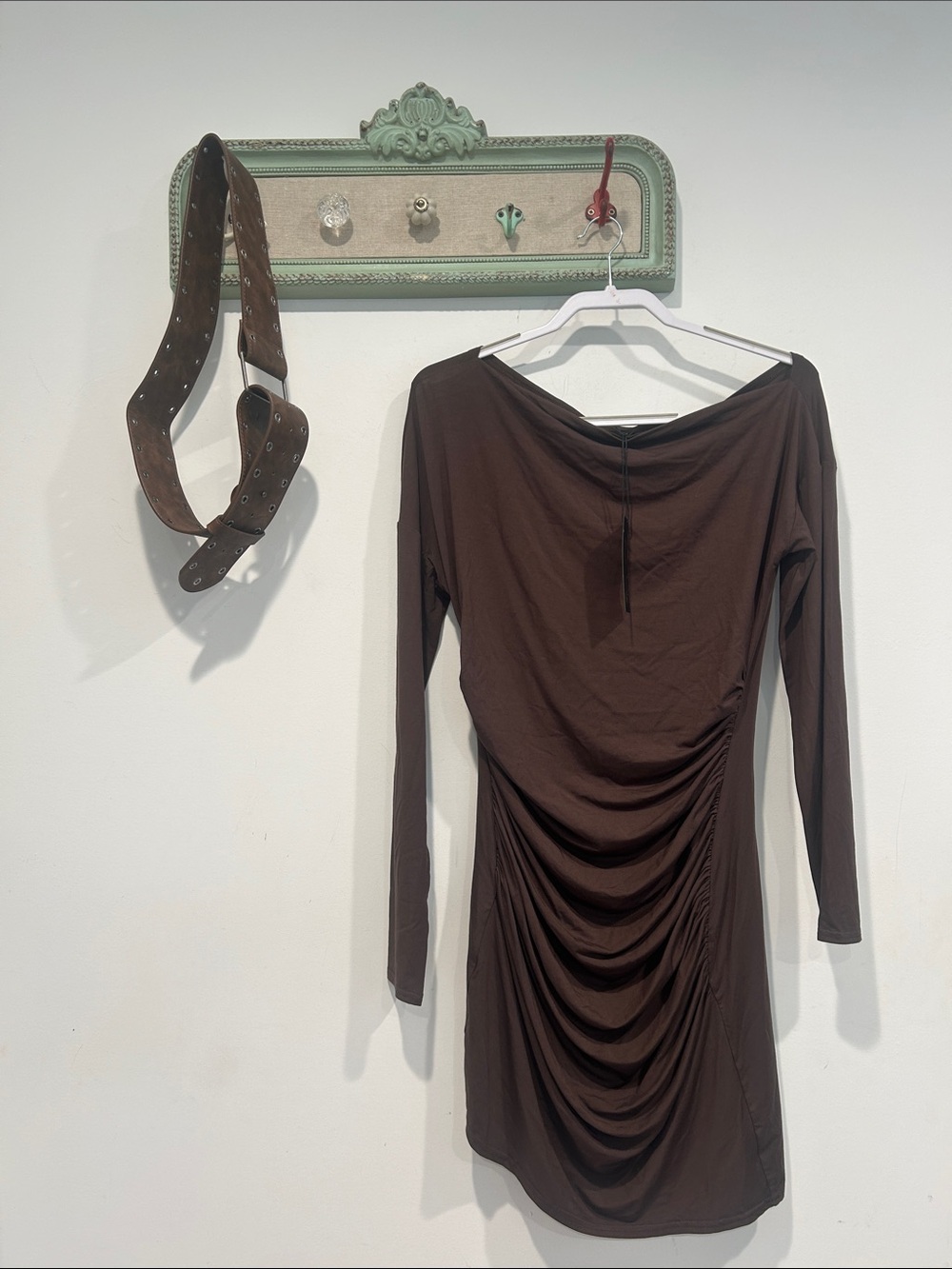 Dolls Kill Generation Kiss Brown Long-Sleeve Draped Mini Dress w belt large new